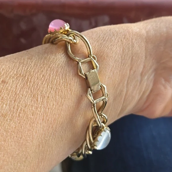 Estate Vintage 50's-60's Kafin NY Gold Bracelet with Multicolor Cabochon Stones - Picture 2 of 5